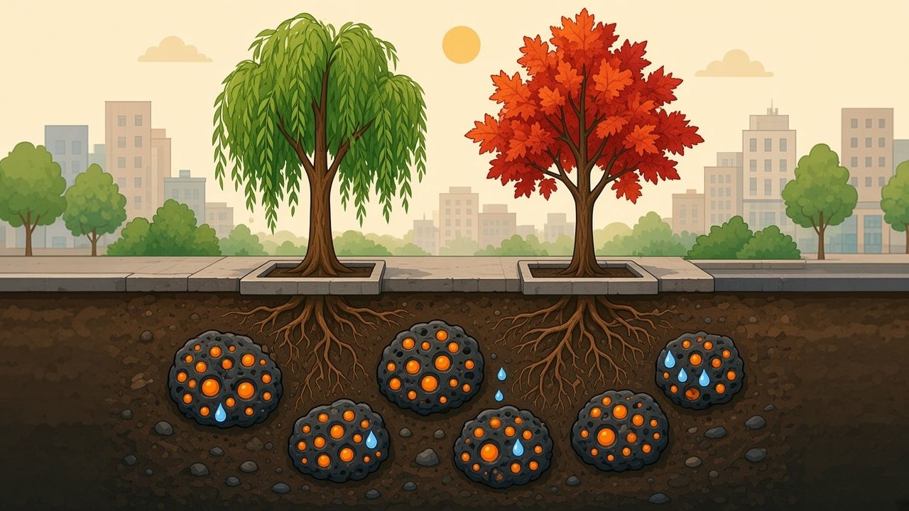 Cartoon of a young willow oak and red maple growing from sidewalk tree pits, with a cutaway showing roots spreading through soil mixed with porous biochar and water droplets.