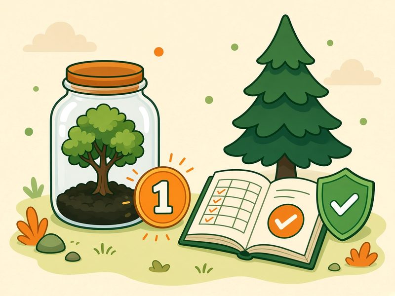 Cartoon of a glass jar holding a small tree, a coin marked 1, an open ledger with check marks and a green shield, beside a pine tree.