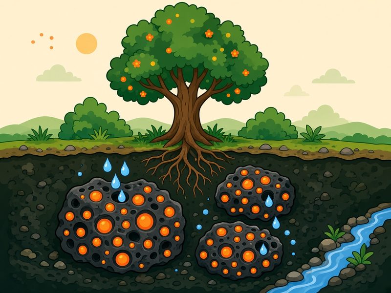 Cartoon of a leafy tree with deep roots above pieces of biochar in dark soil, with raindrops and a clear stream nearby.