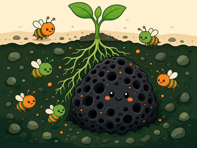 Cartoon of friendly bee-like microbes gathered around a porous piece of biochar, with a seedling and its roots above.