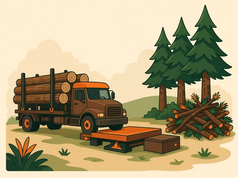 Cartoon of a loaded log truck parked on a scale beside tall pine trees and a pile of branches.