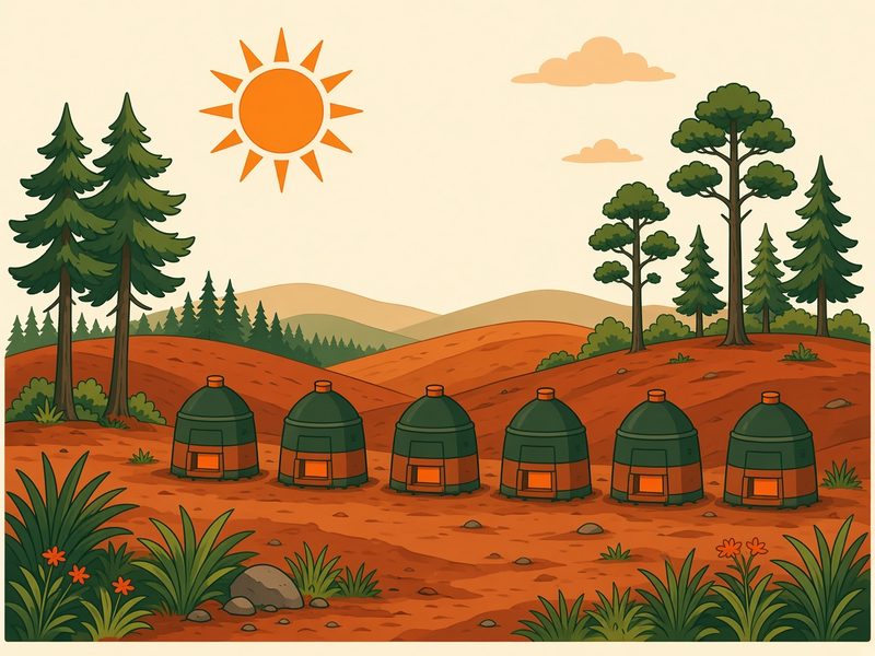 Cartoon of six green kilns with glowing orange doors on red Georgia hills, with tall pines under a bright sun.