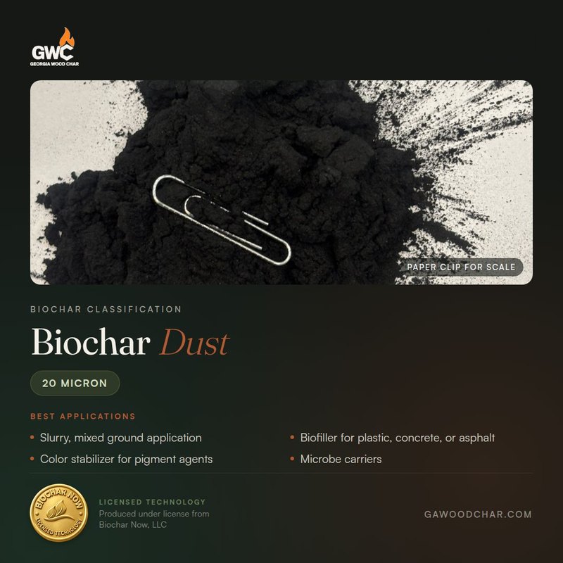 Biochar Dust product card: very fine biochar dust with a paper clip for scale, size 20 micron. Best applications: slurry, mixed ground application; biofiller for plastic, concrete, or asphalt; color stabilizer for pigment agents; microbe carriers. Licensed technology, produced under license from Biochar Now, LLC.