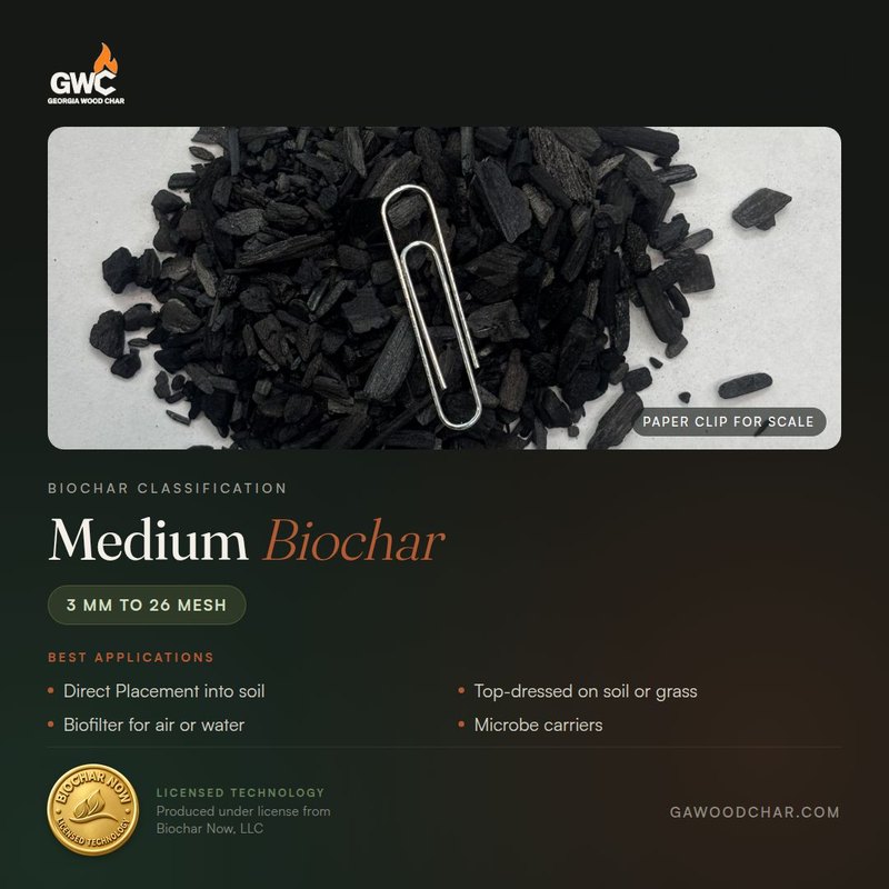 Medium Biochar product card: coarse biochar pieces with a paper clip for scale, size 3 mm to 26 mesh. Best applications: direct placement into soil, top-dressed on soil or grass, biofilter for air or water, microbe carriers. Licensed technology, produced under license from Biochar Now, LLC.