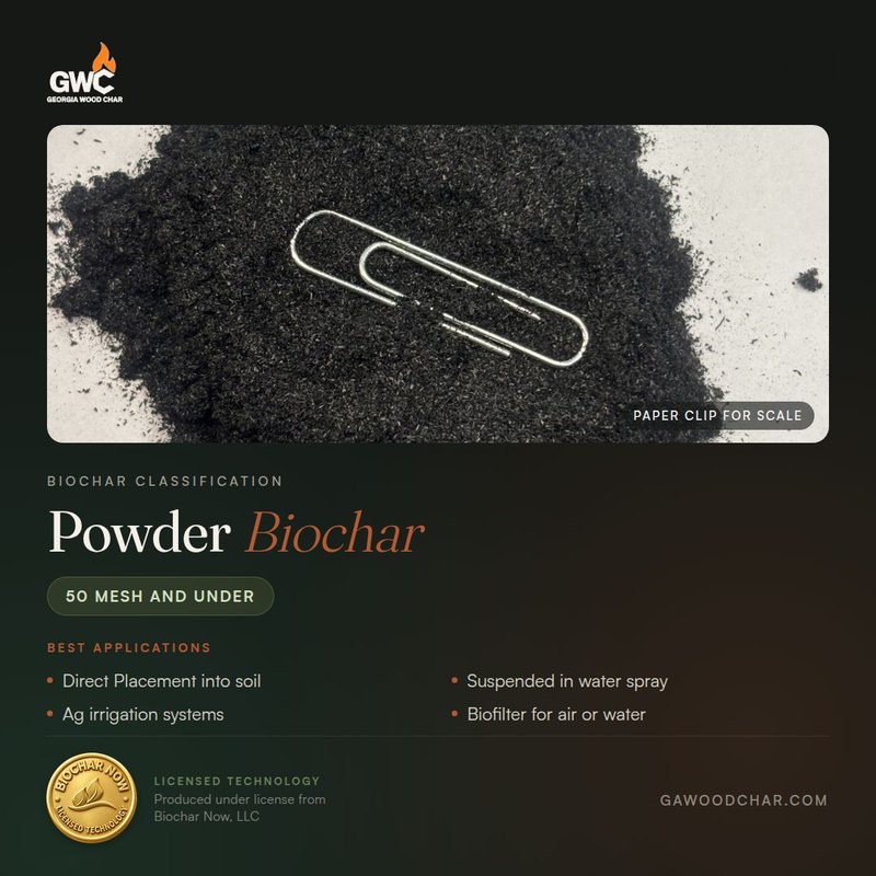 Powder Biochar product card: powdered biochar with a paper clip for scale, size 50 mesh and under. Best applications: direct placement into soil, suspended in water spray, ag irrigation systems, biofilter for air or water. Licensed technology, produced under license from Biochar Now, LLC.